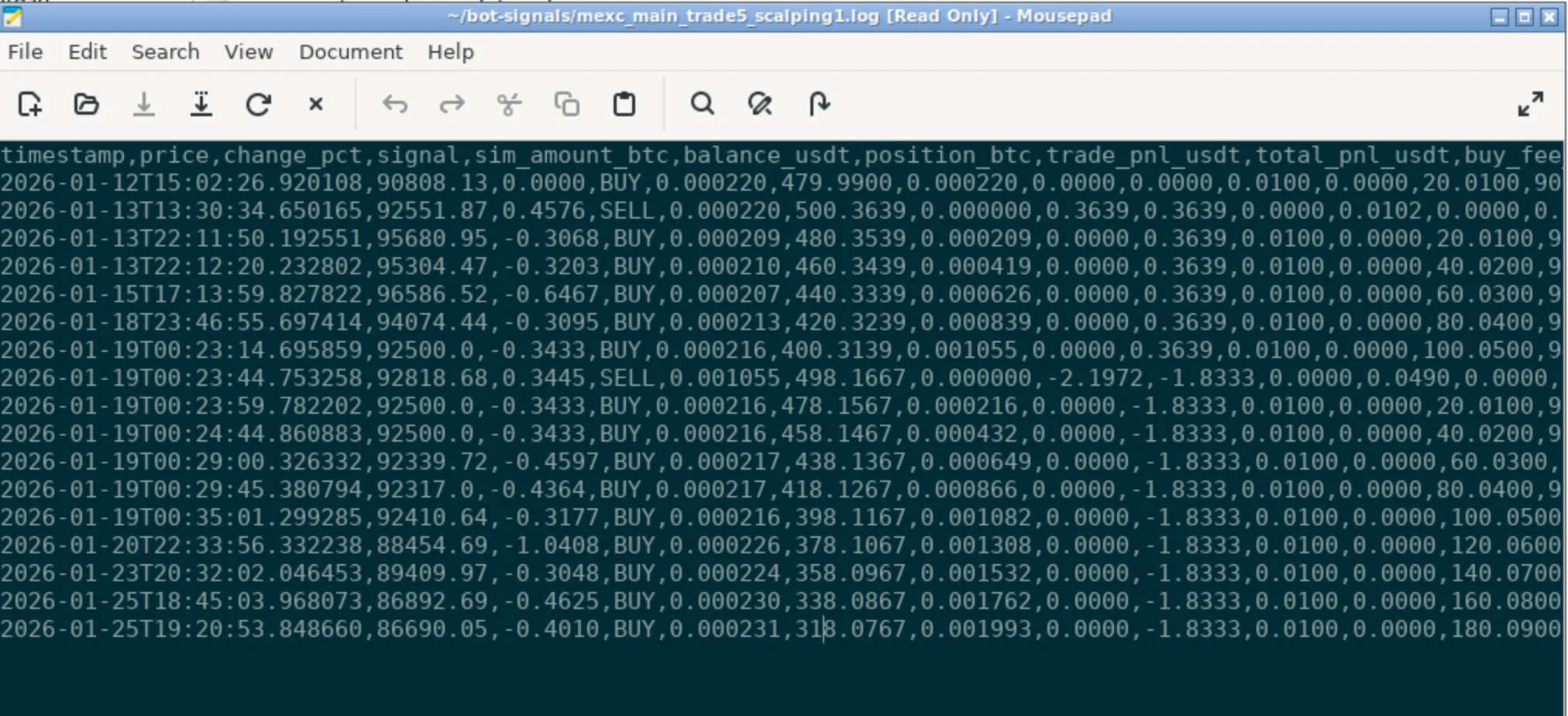 Output of a running trading bot in the log