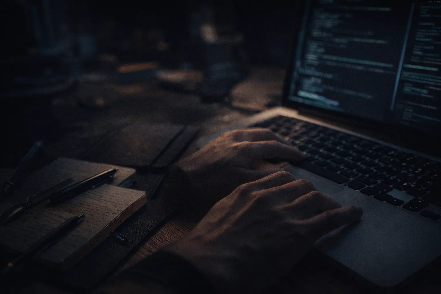 Hands typing on a keyboard in front of a screen showing program code